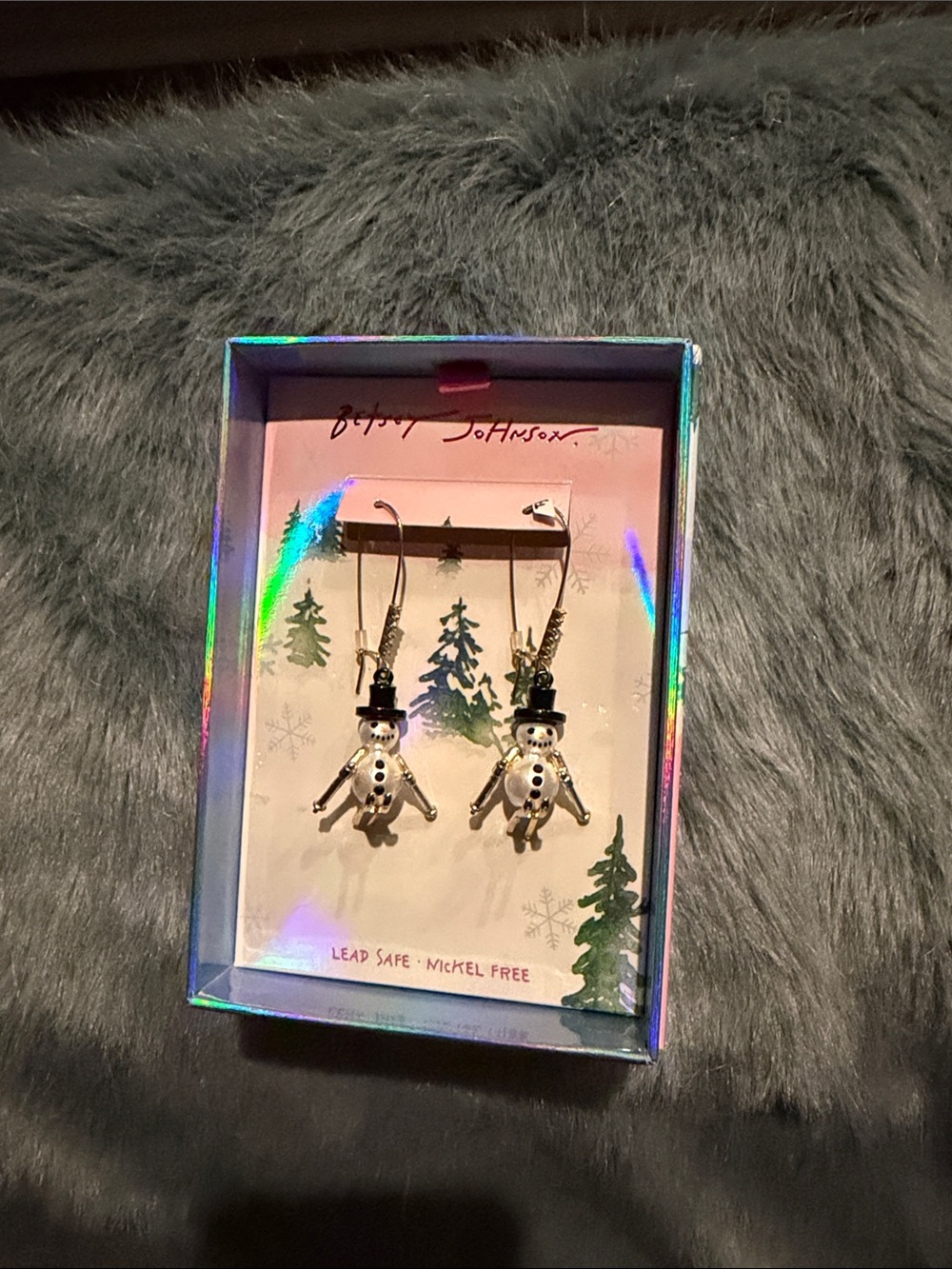Betsey Johnson Silver & Black Snowman Dangle Earrings - skiing snowmen nwt
